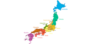 Übersichtskarte mit allen Regionen und Präfekturen in Japan